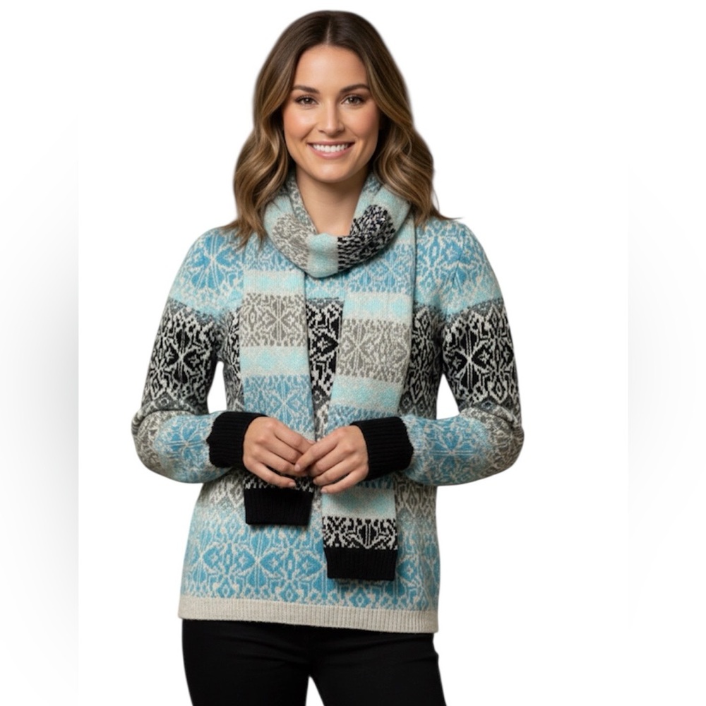 Talbots Fair Isle Blue and Black Geometric Sweater with Scarf Size: SP